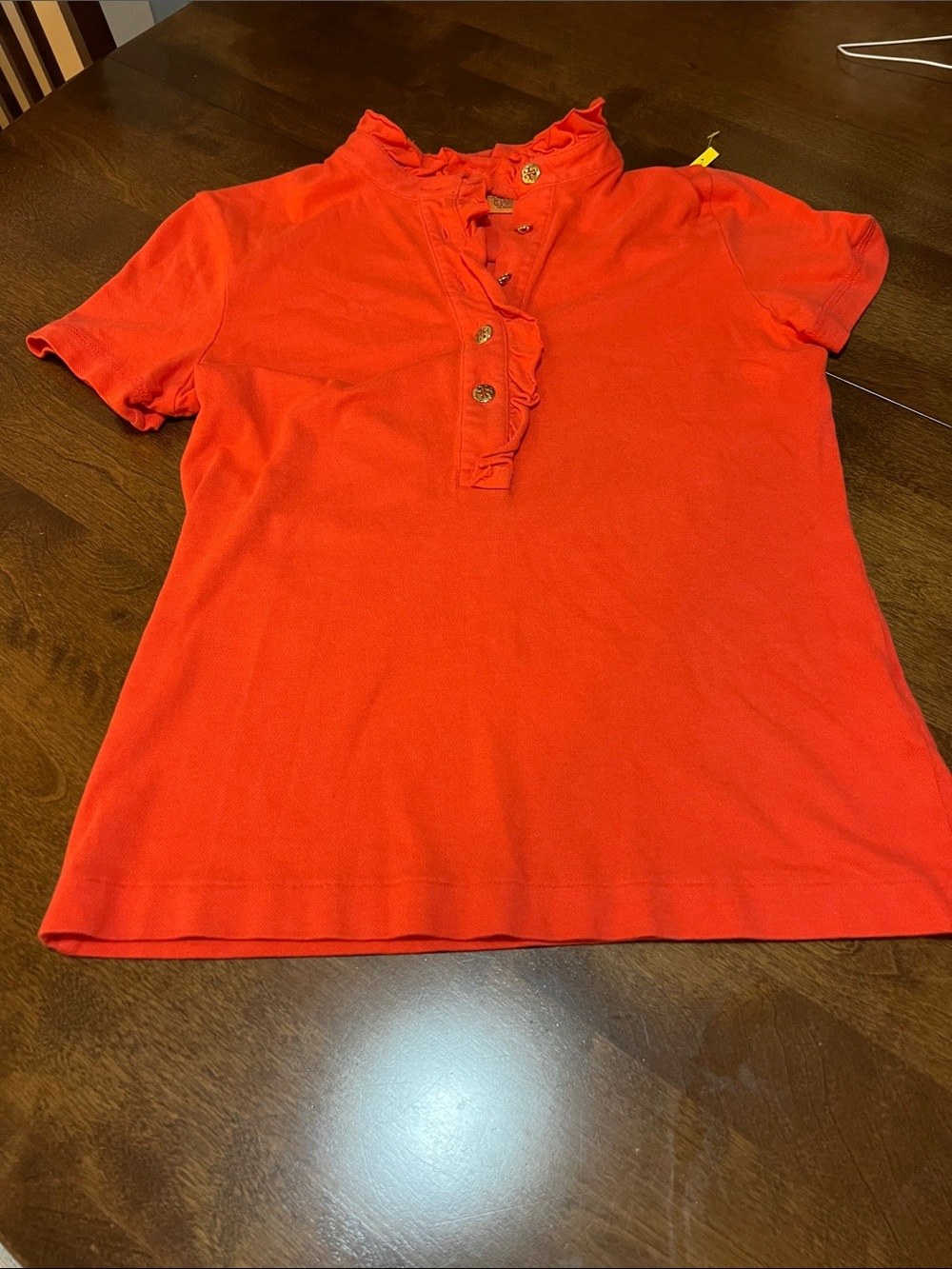 Tory Burch Emily Ruffled Polo Short Sleeve Top Orange Small